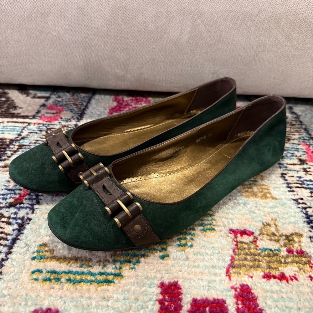 J. Crew Green Suede and Brown Leather Flats - Gently Worn - Size 11